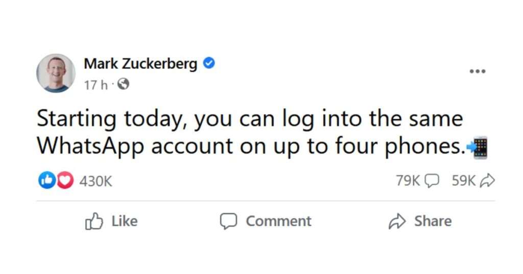 WhatsApp Account in Four Devices Mark Zukerberg