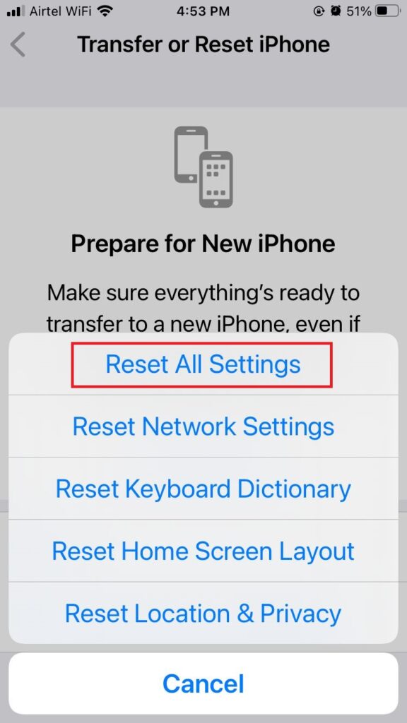Reset All Settings to fix the battery icon not showing5