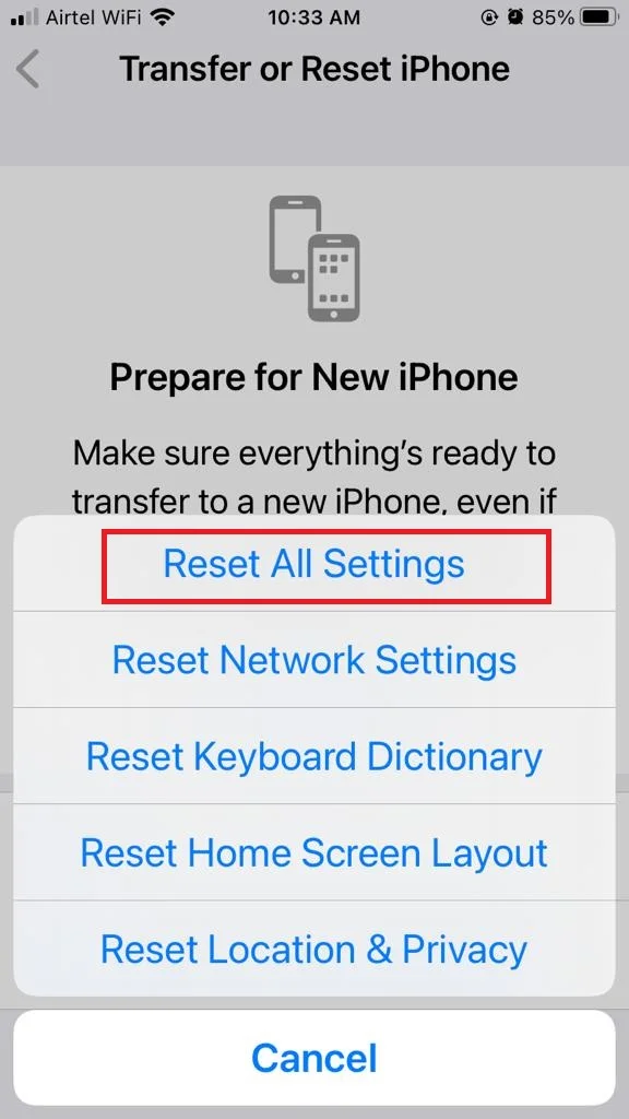 Reset All Settings Dims5