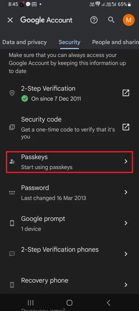 Set Passkey for Google on Android5