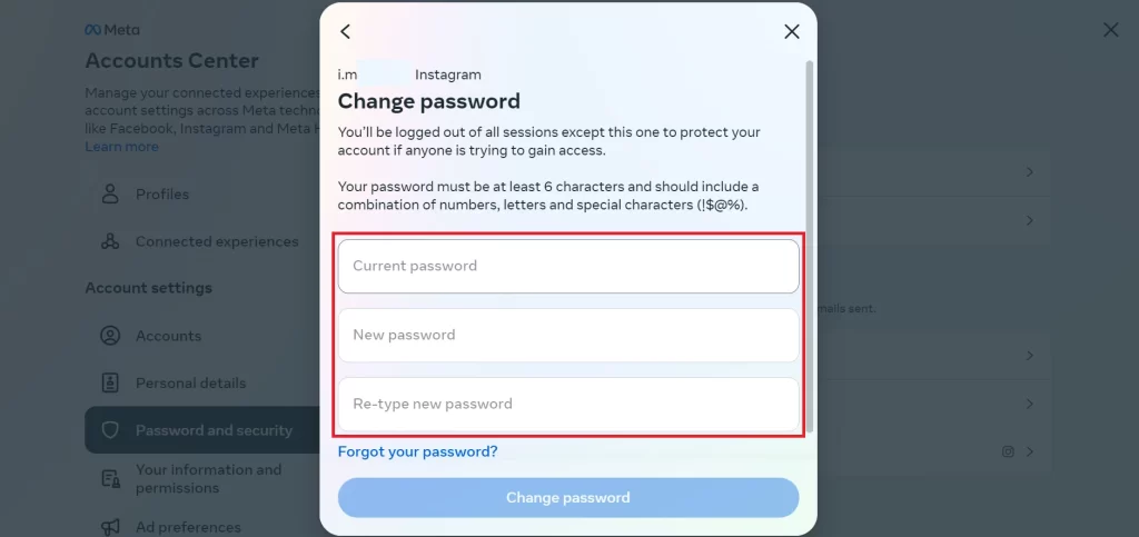 Change Insta pwd on Official Website7