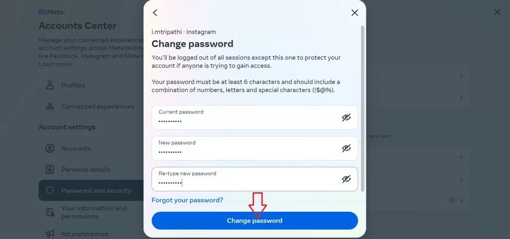 Change Insta pwd on Official Website8