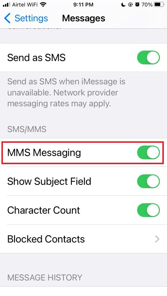 Turn on the MMS Messaging3