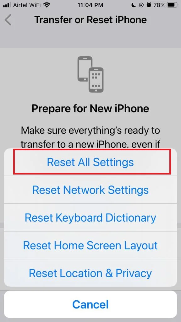 RESET ALL SETTINGS Contacts2